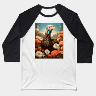 Retro Rustic Farm Turkey in the Flowers - Vintage Bird Art Baseball T-Shirt